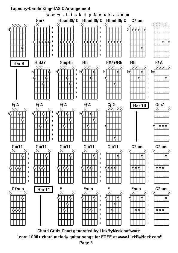 Chord Grids Chart of chord melody fingerstyle guitar song-Tapestry-Carole King-BASIC Arrangement,generated by LickByNeck software.